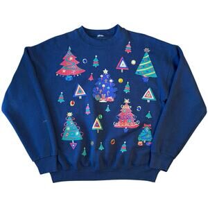 VTG Ugly Christmas Sweatshirt Trees Rhinestone Puff Paint Blue Unisex Large